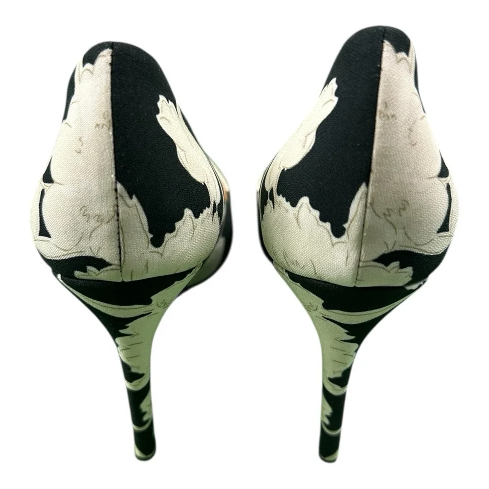 Ralph Lauren Purple Label Floral Canvas Pump Heel Black White 38B NEW 683001